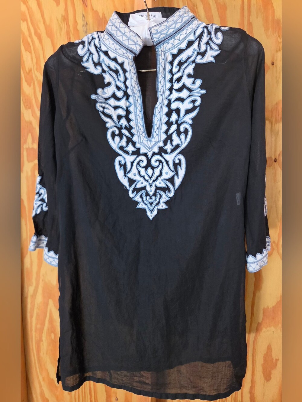 Barbara Gerwit Boho Embroidered V-Neck Gauze Kaftan Tunic Top Black Blue S